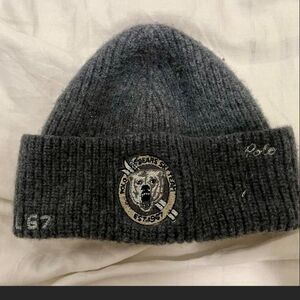 Dark Gray Wool  Ralph Lauren Beanie with Embroidered Bear Logo
